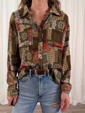 BKE Green Patchwork Paisley Button Up Blouse Size Small